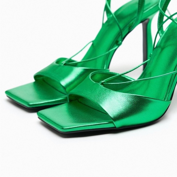 ZARA METALLIC LACE UP 100% LEATHER SANDALS - Picture 8 of 11